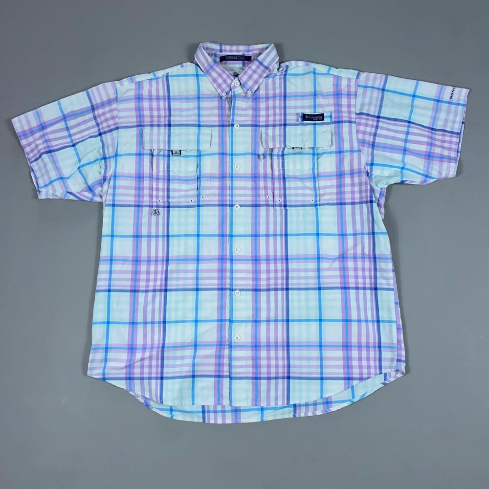 Columbia PFG Super Bahama Mens Large Fishing Shirt Short Sleeve Plaid Purple